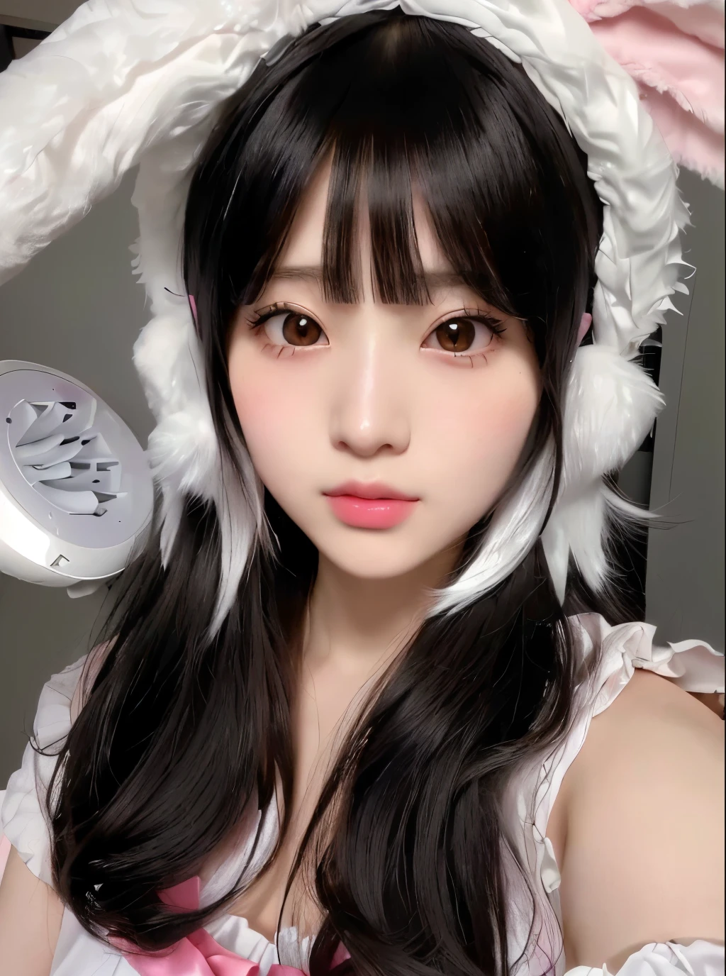 a close up of a woman with a hair dryer in her hand, anime girl in real life, kawaii realistic portrait, fluffy bangs, with bunny ears, ulzzang, Sakimichan, ultra realistic sweet bunny, hime black haircut, cute natural anime face, Awesome anime face portrait, cute kawaii girl, adorable and pale korean face, white hime cut hairstyle