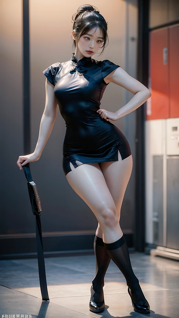 Chun-Li, wide hips, attractive, long legs, beautiful eyes, Beautiful whole body, small breasts, short lace dress, tempting, Abs, Plump body shape, thick calves, thick thighs, black hair, red eyes, black stockings