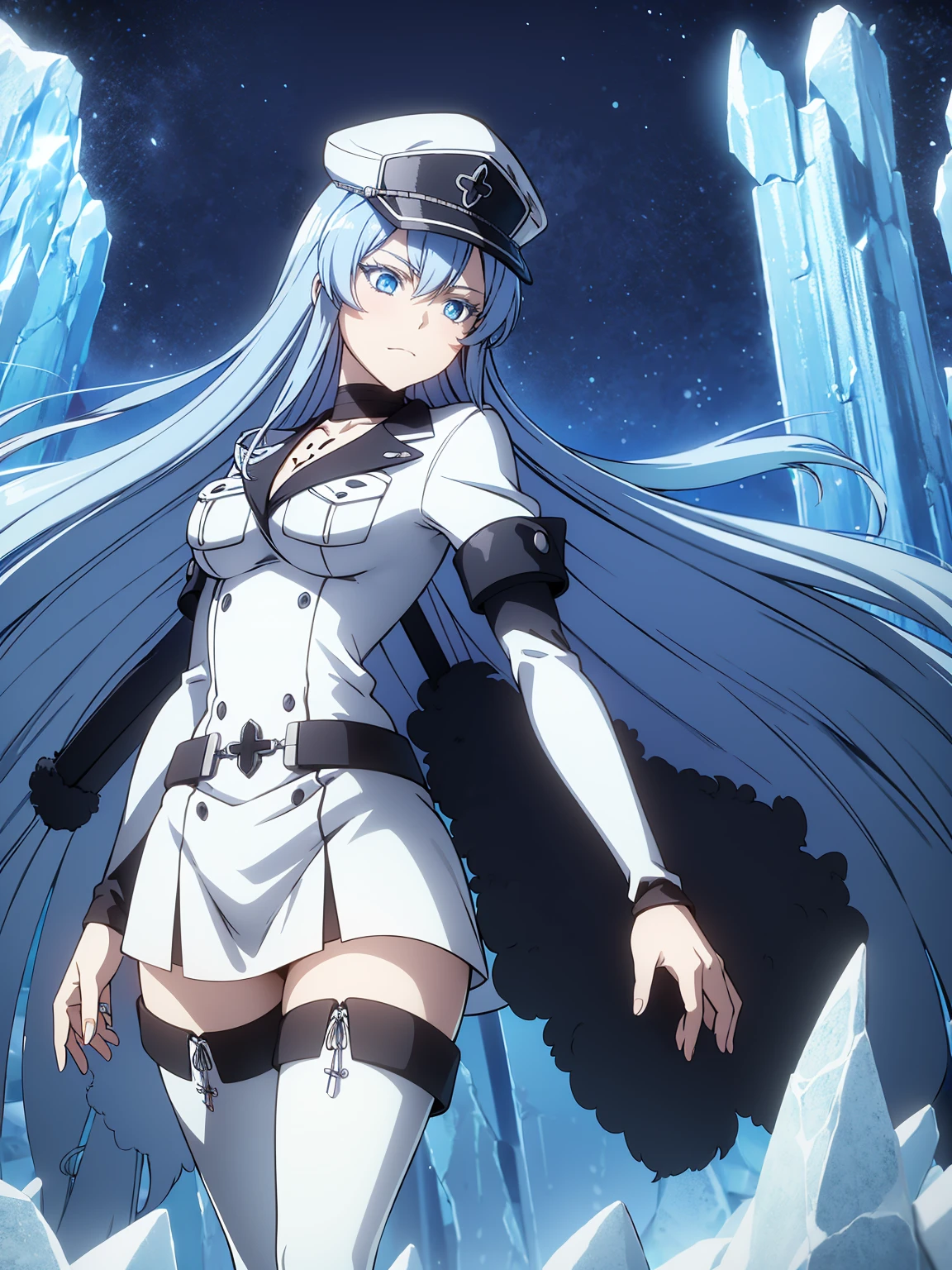 (artwork, best quality) a girl with long blue hair, blue eyes, blue eyelashes, white sailor suit with captain's hat, big breasts, perfect body, pretty eyes, good waist, tattoo, annoying, on an ice wall, ice spikes behind, at night