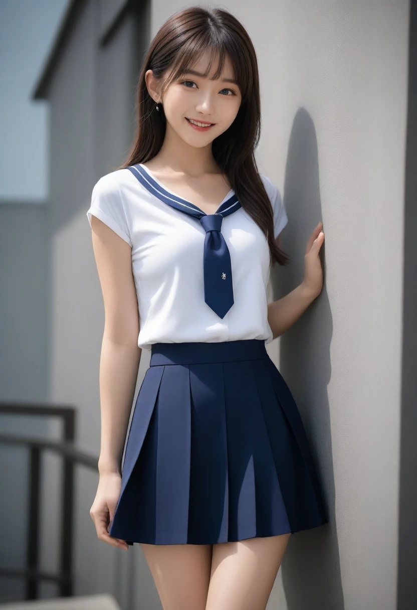 8K, Ultra-high resolution, Highest quality, masterpiece, 三分割法によるphotograph,Surreal, photograph, 1 Girl, (:1.3), pretty girl, Cute face, Beautiful eyes in every detail, 細かくdetailedに,masterpiece,, One Girl:1.2, Japan Female Announcer,full body,from below,from behind,((very small head:1.3)),Center-parted bangs,amount,Black Hair,Long Hair,Iris,Gorgeous eyes,smile,((Toned body,Slender body,skinny)),(school uniform、Dark blue blazer jacket、Navy blue tie、Grey plaid pleated mini skirt,Loafers),振り返ってsmile,Glowing Skin,Shiny skin,Climbing the stairs,Fire escape in a building,Beautiful leg line beauty,Captivating thighs,Full of sex appeal,Sensual,屈託のないsmile,Heal the heart,Low ponytail、beauty,Long neck、Laugh a little、Please close your mouth and laugh、(((Ideal body type))),A cup small breasts :2,、Portraiture:2、Perfect Anatomy、鮮明なdetailed、detailed、Surreal、Light and shadow,Strong light