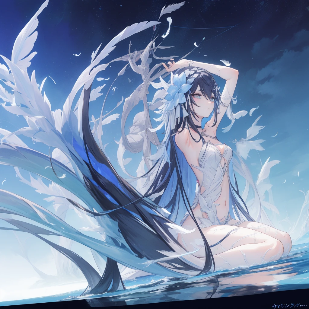 ((A very far view)) of a anime girl, (sitting in the water), cinematic light, slim body with curves, skin perfectly white, soft, and smooth, Extremely delicate and beautiful CG illustration, best quality, high resolution, dynamic angle, full-length lens, (1 girl), soft light, high-key lighting), glowing light, blue aura, feathers fluttering background, blue crystal, black long hair, barefoot