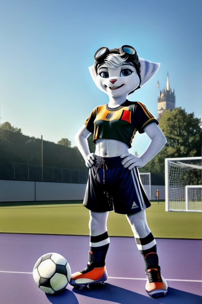 Rivet, tail, furry girl, 1girl, solo, young, (((Germany soccer shorts))), (((Germany soccer shirt))), (((Germany soccer shoes))), standing inside city park, detailed body fur, detailed body, detailed eyes, detailed face, athletic, skinny, high quality, masterpiece, small breasts, goggles, :D, looking at you, full body, ((good lighting on crotch)), (aroused), (horny), (bedroom eyes), ((vaginal juice dripping from crotch))