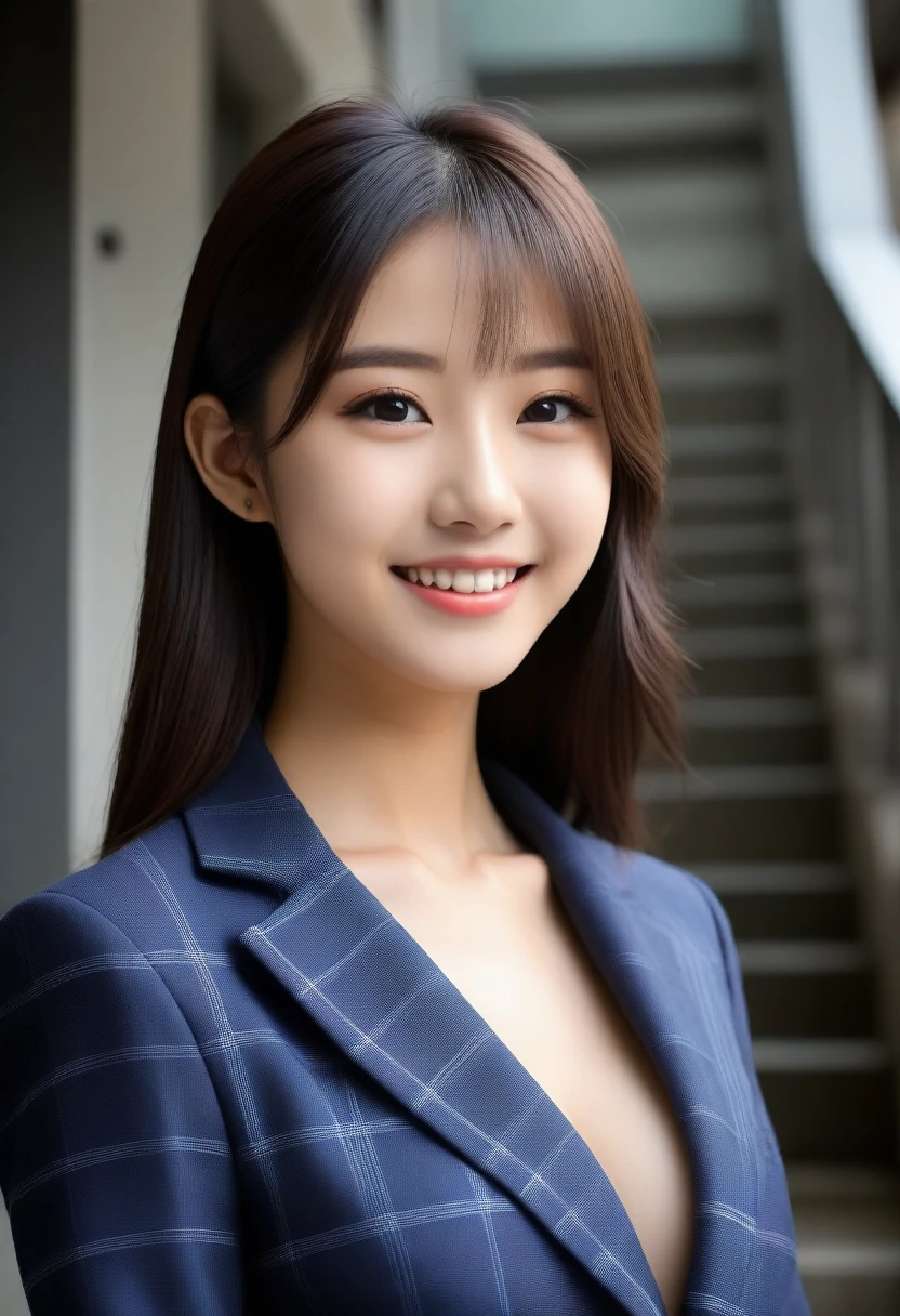 8K, Ultra-high resolution, Highest quality, masterpiece, 三分割法によるphotograph,Surreal, photograph, 1 Girl, (16 years old:1.3), pretty girl, Cute face, Beautiful eyes in every detail, 細かくdetailedに,masterpiece,, One Girl:1.2, Japan Female Announcer,full body,from below,from behind,((very small head:1.3)),Center-parted bangs,amount,Black Hair,Long Hair,Iris,Gorgeous eyes,smile,((Toned body,Slender body,skinny)),(school uniform、Dark blue blazer jacket、Navy blue tie、Grey plaid pleated mini skirt,Loafers),振り返ってsmile,Glowing Skin,Shiny skin,Climbing the stairs,Fire escape in a building,Beautiful leg line beauty,Captivating thighs,Full of sex appeal,Sensual,屈託のないsmile,Heal the heart,Low ponytail、beauty,Long neck、Laugh a little、Please close your mouth and laugh、(((Ideal body type))),A cup small breasts :2,、Portraiture:2、Perfect Anatomy、鮮明なdetailed、detailed、Surreal、Light and shadow,Strong light