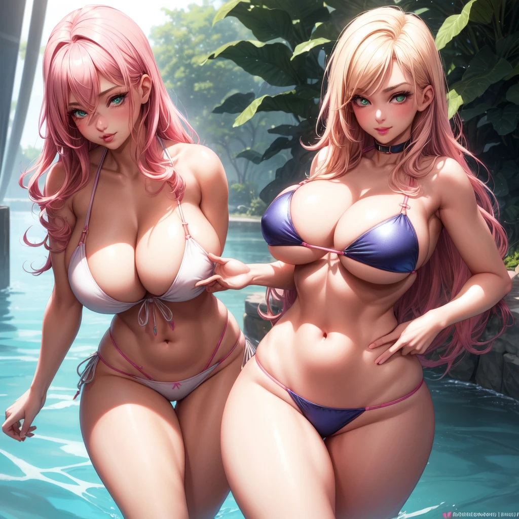 ((1 girls), solo, clevage, Big round breasts, trendy, stylish, clevage, thighs, hips, realistic, pink hair, blonde hair, light green eyes, lip gloss, detailed face, amazing big eyes, eye details, big lips, eyebrow details, blush, smirk, naughty, mischevious face, HD, good quality, thick thighs, attractive, bikini, sexy