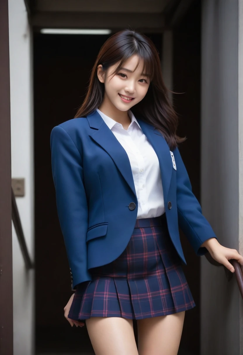 8K, Ultra-high resolution, Highest quality, masterpiece, 三分割法によるphotograph,Surreal, photograph, 1 Girl, (16 years old:1.3), pretty girl, Cute face, Beautiful eyes in every detail, 細かくdetailedに,masterpiece,, One Girl:1.2, Japan Female Announcer,full body,from below,from behind,((very small head:1.3)),Center-parted bangs,amount,Black Hair,Long Hair,Iris,Gorgeous eyes,smile,((Toned body,Slender body,skinny)),(school uniform、Dark blue blazer jacket、Navy blue tie、Grey plaid pleated mini skirt,Loafers),振り返ってsmile,Glowing Skin,Shiny skin,Climbing the stairs,Fire escape in a building,Beautiful leg line beauty,Captivating thighs,Full of sex appeal,Sensual,屈託のないsmile,Heal the heart,Low ponytail、beauty,Long neck、Laugh a little、Please close your mouth and laugh、(((Ideal body type))),A cup small breasts :2,、Portraiture:2、Perfect Anatomy、鮮明なdetailed、detailed、Surreal、Light and shadow,Strong light
