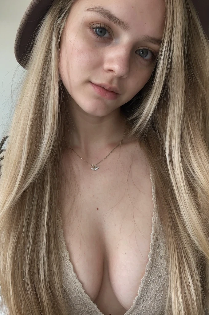 A 18-year-old blonde woman, ((hiperrealismo))textured skin,goosebumps, perfect eyes. Blonde hair with light brown roots. cabello rubio, Hair with brown roots, extra long hair, really long hair. photo taken with iPhone, cleavage, Porta 160 color. Police girl cosplay