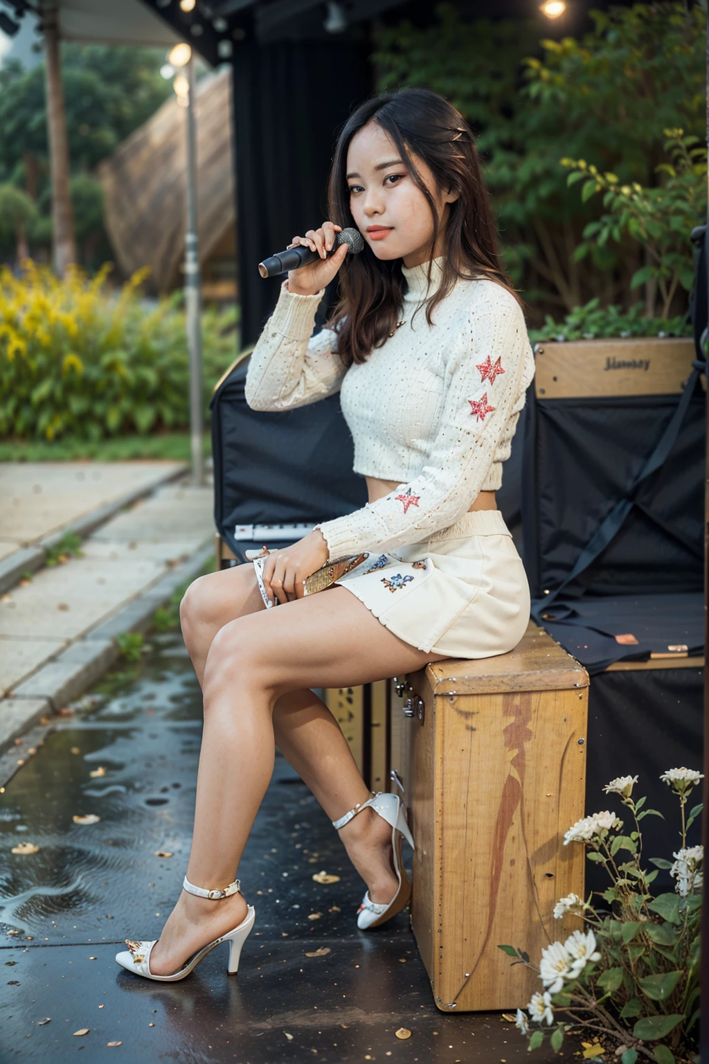 masterpiece, best quality, ultra detailed, high resolution, 1 girl, ((pretty lady MoonLay)), Burmese girl, ((pretty lady MoonLay's seductive sweet face with sweet smile:1.2)), ((playing guitar:1.5)), ((electric guitar)), ((stage background:1.5)), golden hour setting, 8k, (black sweater turtleneck tight blouse), ((many white flowers pattern printed on black mini tight skirt:1.2)), (sitting on stylish stage stool), (((crossing legs:1))), (stiletto high heel), ((full body tilted side angle front view:1.5)), ((blur background with star shaped bokeh effect to highlight portrait better)), (vibrant HDR lighting), 
