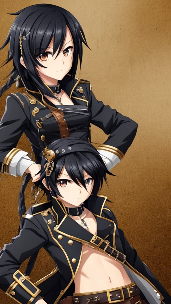 Bblack hair, アニメ, white male, medium height, steampunk rivet, neither thin nor fat, adventurer's clothes with blue details, black scalp, black eye, 19yearsold, sem beard, No meio da floresta