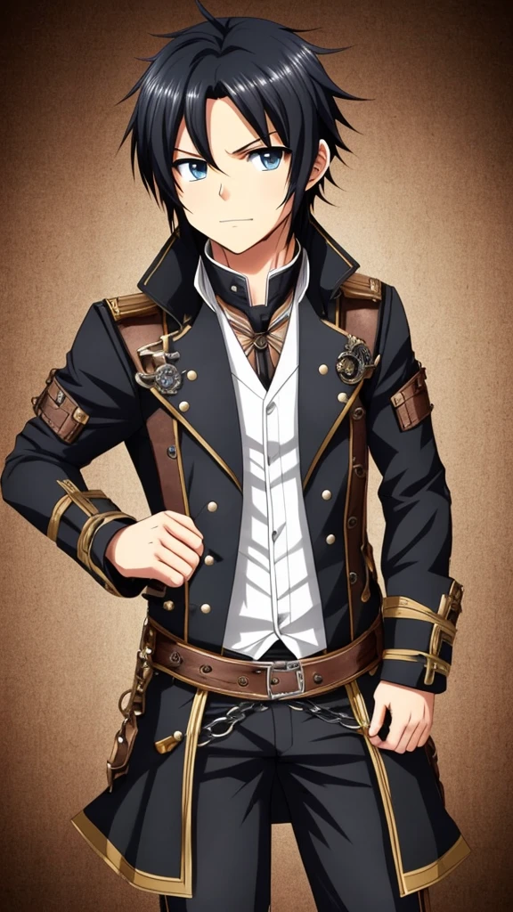 Bblack hair, アニメ, white male, medium height, steampunk rivet, neither thin nor fat, adventurer's clothes with blue details, black scalp, black eye, 19yearsold, sem beard, No meio da floresta
