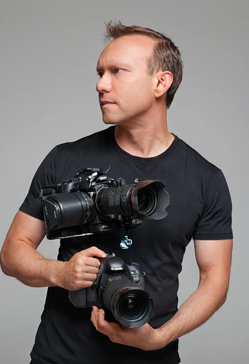 A man holding a professional camera in a studio with photo equipment, Studio Photography DSLR, side profile side of face looking to side, photo portrait, professional photoshoot, wearing black shirt 