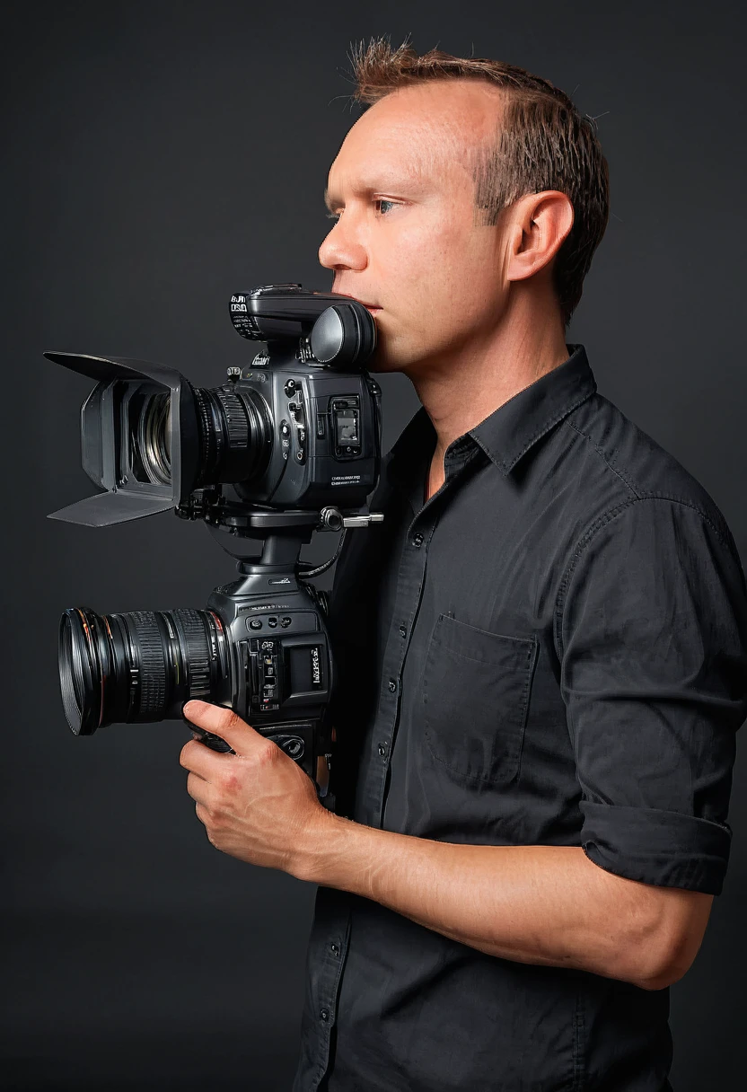 A man holding a professional camera in a studio with photo equipment, Studio Photography DSLR, side profile side of face looking to side, photo portrait, professional photoshoot, wearing black shirt 