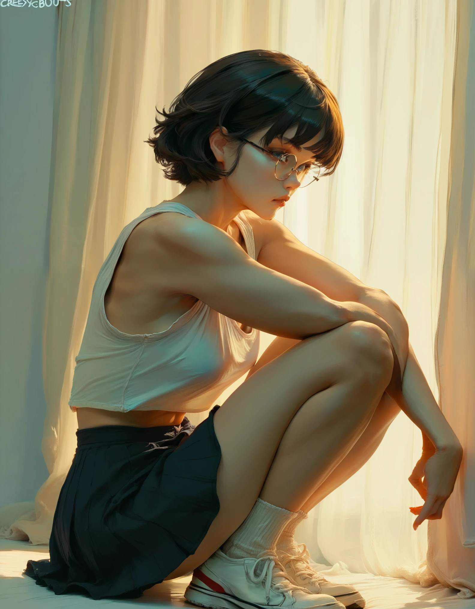 a woman in a short skirt and round glasses, short hair posing for a photo, a hyperrealistic anime girl, hyperrealistic, cutesexyrobutts, realistic and seductive, backlit, curved, ecchi, ecchi anime style, oppai, cute anime girl squatting, ecchi style, pouting , anime, Realism, anatomically correct, super detail, high quality, 4K, textured skin, high resolution