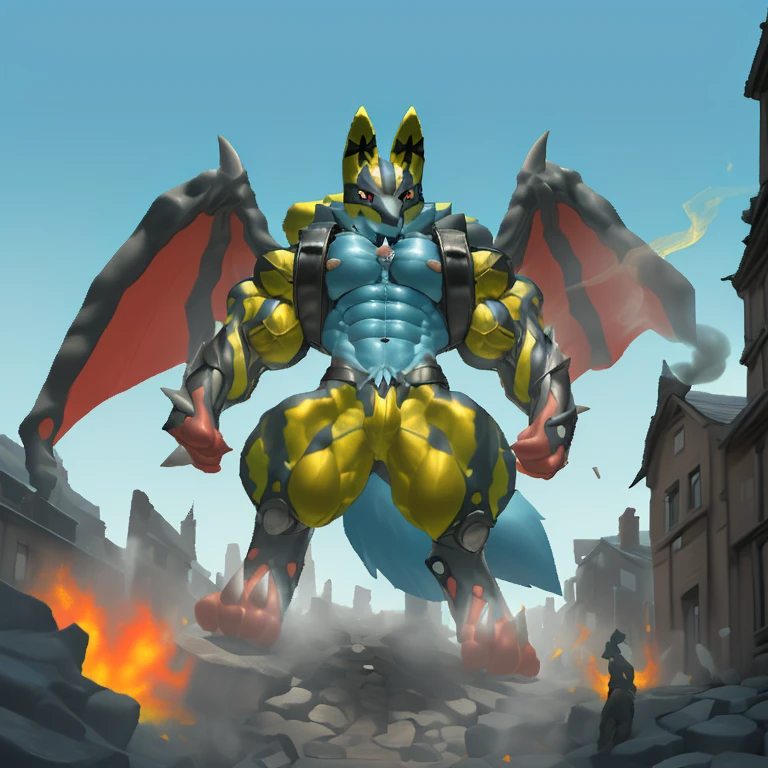 (Solo. masterpiece. official art. 8k. best quality. detailed full body. full body.)
(situation 1 : dominating Shiny_Mega_Lucario. Shiny_Mega_Lucario is over 1000 meters long. focus GIANT mechanical Muscular Shiny_Mega_Lucario is trampling the city. Looking down. macro. stomp. Low-angle perspective. emphasizing the immense size. He is much bigger than a skyscraper. Giga Giants. looking down. foot focus, (soles:1.2))
(situation 2 :smoke and flames rising from the destruction in the city)
(Additional details 1: wearing a full-face helmet. golden armor. high-tech bio-mecha armor. real texture material. whole body shines like metal. emphasizes the muscles. suit fully made of metal. intricate armor. Robotic suit. suit fully made of metal.).
(Additional details 2: (Detailed head. Detailed Body. Detailed abs. gigantic muscles. HYPER MUSCLES. Gigachad Muscular. big muscle. pecs. triceps. traps. unusually developed muscular body. body full of huge muscles. showing off muscles. pectorales enormes. Exaggeratedly huge muscles. huge muscles. long legs. abs.).
(Additional details 3: Spread wings. It has wings. have big wings. The claws are sharp. Sharp teeth.).