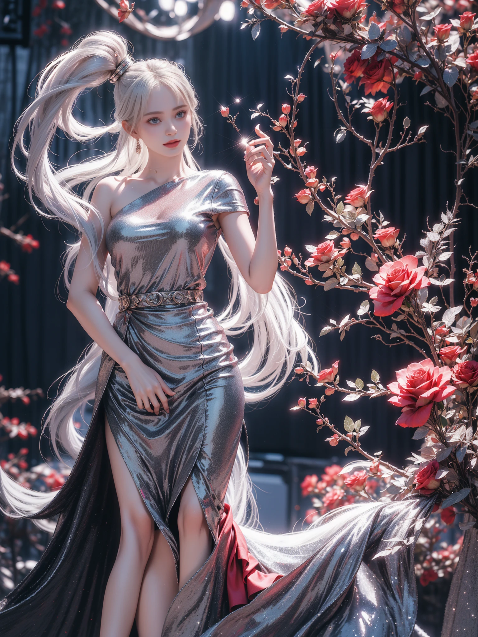 Top quality work,Photorealistic works,Ultra Premium Graphics,8K HD CG works,High-quality graphics,High-definition fine CG works,10x pixel,Ultra-fine details:1.1,Advanced technical details:1.1Photographically realistic,Indoor lighting effects:1.5,Natural light:1.5. light effect(Virtual Light Effects:1.8),超A high resolution,Shiny Blue Dress,Long silver hair,Silver hair,Transparent hair,High Detail Hair(Premium Hair Detail:1.1)Clear eyes,Good looking double eyelids,Sharp eye makeup, Delicate makeup for eyelashes, Thin eyebrows, ultradetailed eyes,High Nose, lovely red lips, Rose cheeks, Face with delicate makeup , Pretty Face, A perfectly proportioned face,(Advanced facial details:1.1)Collection of shiny blue luxury dresses,Blue Sequin Dresses,Sequin coat,shiny,Tight long skirt,Summer Sexy Hip Wrap Fishtail Sleeveless Commuter Maxi,Horse Stockings 100%Oil Gloss Panst Gloss Silk Luster 8D Black Silk Woman,Stiletto heelitts,Beautiful long dresses,wonderful dress,Bright Red Series,Haute Couture Dresses Collection,Dress Photography,Authentic dress works,In the banquet hall,Women's Artwork,full-body view,Goddess of Dress,Reality,amazing,Today's eyes are bright