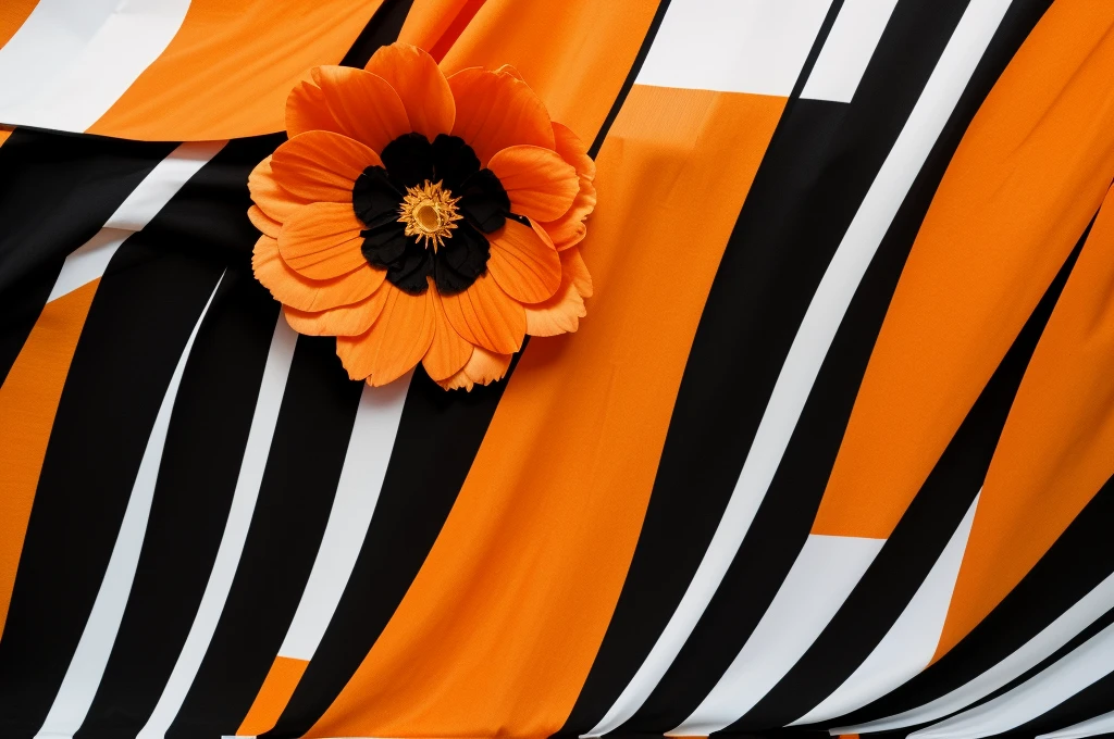 an art of an orange flag with a highly detailed gradient with only orange variations ,with flower petals drawn in black across the flag as if they were being carried by the wind ,the petals are highly detailed, The banner has a flower in the middle, the flower is rich in detail and in high resolution