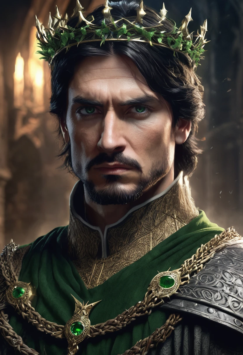 1 man, in medieval king's clothing, crown of thorns on his head, inside a dark castle, detailed facial features, green and masculine eyes, detailed light skin, well-groomed short dark hair, serious expression, dramatic lighting, cinematic composition, palette cold, dark colors, atmospheric mist, strong chin, virile man, root tattoos running up his neck (best quality, 4K, 8K, high resolution, art: 1,2), ultra-detailed, (realistic, photorealistic, photorealistic: 1, 37)