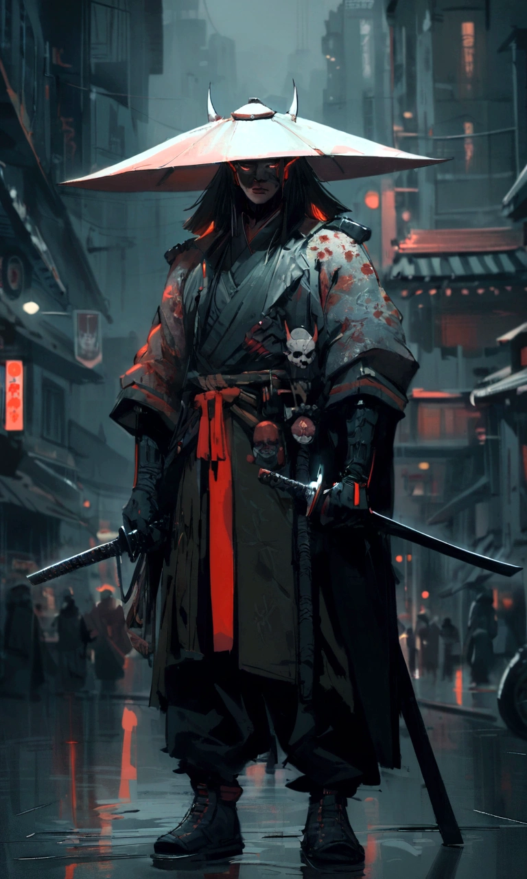a close-up of a person with a sword in a cyberpunk city, cyberpunk samurai, neon samurai, very beautiful cyberpunk samurai, demon samurai, portrait of a cyberpunk samurai, Benoit Bana, inspired by Kanō Hōgai, inspiration from Kanō Sanraku, demon samurai warrior, dark conceptual art, jedi samurai, badass anime 8k, art conceptuel traditionnel japonais
