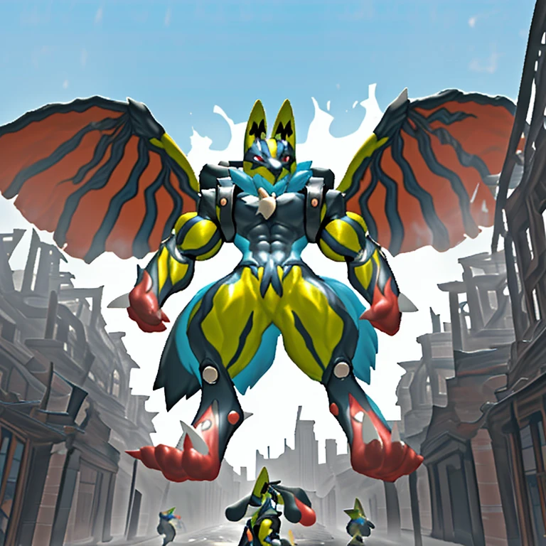 (Solo. masterpiece. official art. 8k. best quality. detailed full body. full body.)
(situation 1 : dominating Shiny_Mega_Lucario. Shiny_Mega_Lucario is over 1000 meters long. focus GIANT mechanical Muscular Shiny_Mega_Lucario is trampling the city. Looking down. macro. stomp. Low-angle perspective. emphasizing the immense size. He is much bigger than a skyscraper. Giga Giants. looking down. foot focus, (soles:1.2))
(situation 2 :smoke and flames rising from the destruction in the city)
(Additional details 1: wearing a full-face helmet. golden armor. high-tech bio-mecha armor. real texture material. whole body shines like metal. emphasizes the muscles. suit fully made of metal. intricate armor. Robotic suit. suit fully made of metal.).
(Additional details 2: (Detailed head. Detailed Body. Detailed abs. gigantic muscles. HYPER MUSCLES. Gigachad Muscular. big muscle. pecs. triceps. traps. unusually developed muscular body. body full of huge muscles. showing off muscles. pectorales enormes. Exaggeratedly huge muscles. huge muscles. long legs. abs.).
(Additional details 3: Spread wings. It has wings. have big wings. The claws are sharp. Sharp teeth.).
