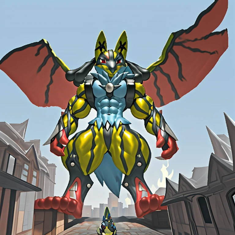 (Solo. masterpiece. official art. 8k. best quality. detailed full body. full body.)
(situation 1 : dominating Shiny_Mega_Lucario. Shiny_Mega_Lucario is over 1000 meters long. focus GIANT mechanical Muscular Shiny_Mega_Lucario is trampling the city. Looking down. macro. stomp. Low-angle perspective. emphasizing the immense size. He is much bigger than a skyscraper. Giga Giants. looking down. foot focus, (soles:1.2))
(situation 2 :smoke and flames rising from the destruction in the city)
(Additional details 1: wearing a full-face helmet. golden armor. high-tech bio-mecha armor. real texture material. whole body shines like metal. emphasizes the muscles. suit fully made of metal. intricate armor. Robotic suit. suit fully made of metal.).
(Additional details 2: (Detailed head. Detailed Body. Detailed abs. gigantic muscles. HYPER MUSCLES. Gigachad Muscular. big muscle. pecs. triceps. traps. unusually developed muscular body. body full of huge muscles. showing off muscles. pectorales enormes. Exaggeratedly huge muscles. huge muscles. long legs. abs.).
(Additional details 3: Spread wings. It has wings. have big wings. The claws are sharp. Sharp teeth.).