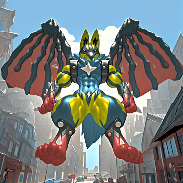 (Solo. masterpiece. official art. 8k. best quality. detailed full body. full body.)
(situation 1 : dominating Shiny_Mega_Lucario. Shiny_Mega_Lucario is over 1000 meters long. focus GIANT mechanical Muscular Shiny_Mega_Lucario is trampling the city. Looking down. macro. stomp. Low-angle perspective. emphasizing the immense size. He is much bigger than a skyscraper. Giga Giants. looking down. foot focus, (soles:1.2))
(situation 2 :smoke and flames rising from the destruction in the city)
(Additional details 1: wearing a full-face helmet. golden armor. high-tech bio-mecha armor. real texture material. whole body shines like metal. emphasizes the muscles. suit fully made of metal. intricate armor. Robotic suit. suit fully made of metal.).
(Additional details 2: (Detailed head. Detailed Body. Detailed abs. gigantic muscles. HYPER MUSCLES. Gigachad Muscular. big muscle. pecs. triceps. traps. unusually developed muscular body. body full of huge muscles. showing off muscles. pectorales enormes. Exaggeratedly huge muscles. huge muscles. long legs. abs.).
(Additional details 3: Spread wings. It has wings. have big wings. The claws are sharp. Sharp teeth.).