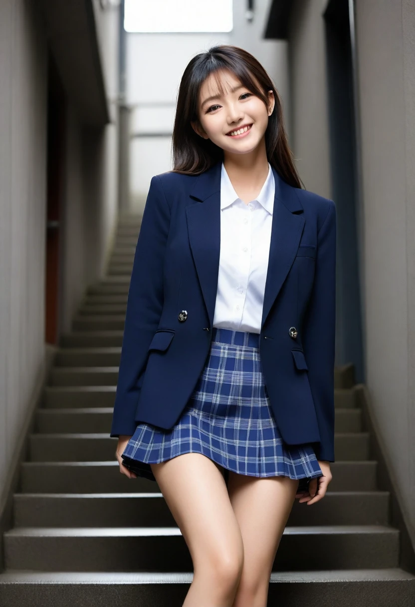 8K, Ultra-high resolution, Highest quality, masterpiece, 三分割法によるphotograph,Surreal, photograph, 1 Girl, (16 years old:1.3), pretty girl, Cute face, Beautiful eyes in every detail, 細かくdetailedに,masterpiece,, One Girl:1.2, Japan Female Announcer,full body,from below,from behind,((very small head:1.3)),Center-parted bangs,amount,Black Hair,Long Hair,Iris,Gorgeous eyes,smile,((Toned body,Slender body,skinny)),(school uniform、Dark blue blazer jacket、Navy blue tie、Grey plaid pleated mini skirt,Loafers),振り返ってsmile,Glowing Skin,Shiny skin,Climbing the stairs,Fire escape in a building,Beautiful leg line beauty,Captivating thighs,Full of sex appeal,Sensual,屈託のないsmile,Heal the heart,Low ponytail、beauty,Long neck、Laugh a little、Please close your mouth and laugh、(((Ideal body type))),A cup small breasts :2,、Portraiture:2、Perfect Anatomy、鮮明なdetailed、detailed、Surreal、Light and shadow,Strong light