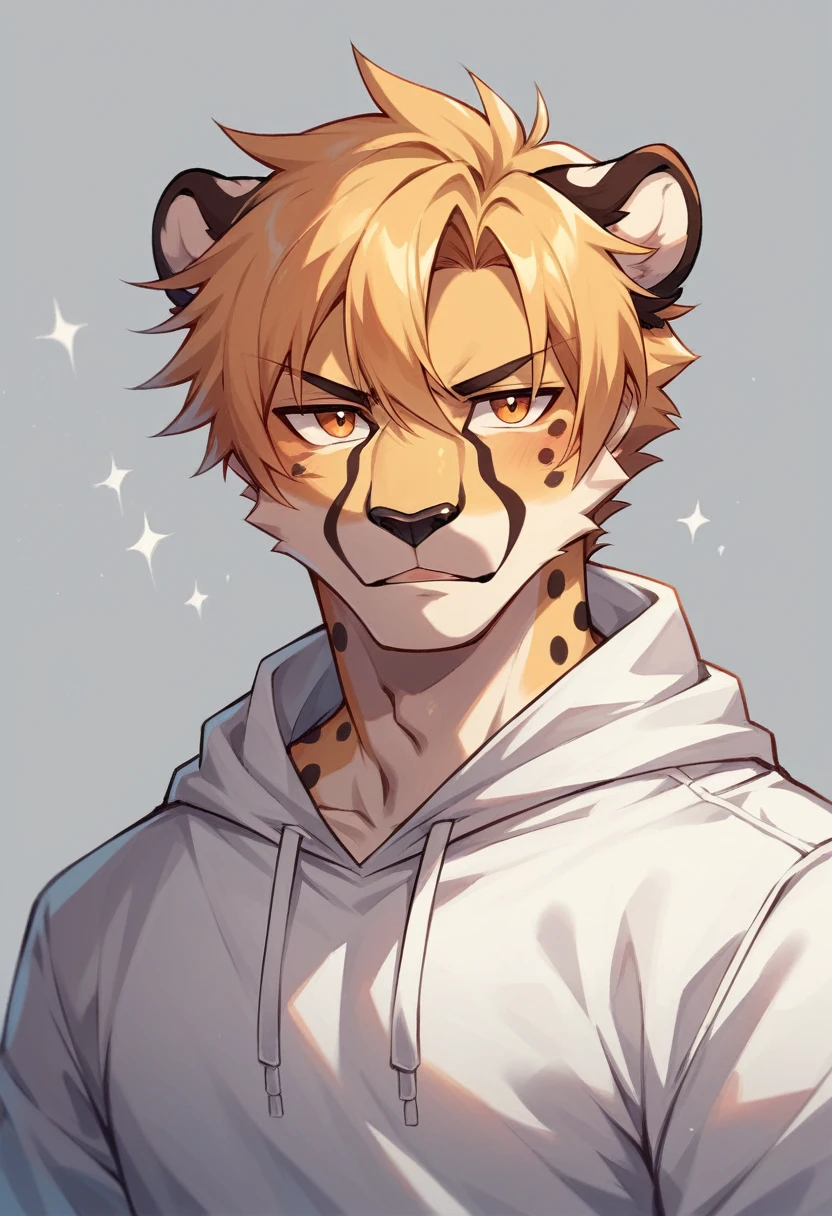Two-dimensional male cheetah (((three-dimensional view)) cartoon with confident face, NFT art style, clothes (white hoodie)