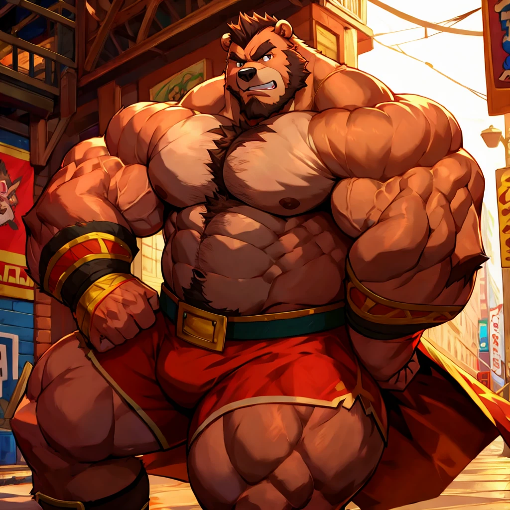 zangief,a bear with a beard and a golden belt, fighting game character, street fighter 5,muscled humanoid bear,heavy looking,buff bear,wrestler,Red short briefs,capcom,street fighter,shirtless,muscular male,chest hair,visually weighty,bearded bear, brown fur,mohawk hair,red and yellow wristband,red competitive briefs with the golden belt, Red Wrestling Boots ((best quality)), ((masterpiece)), (detailed), perfect face