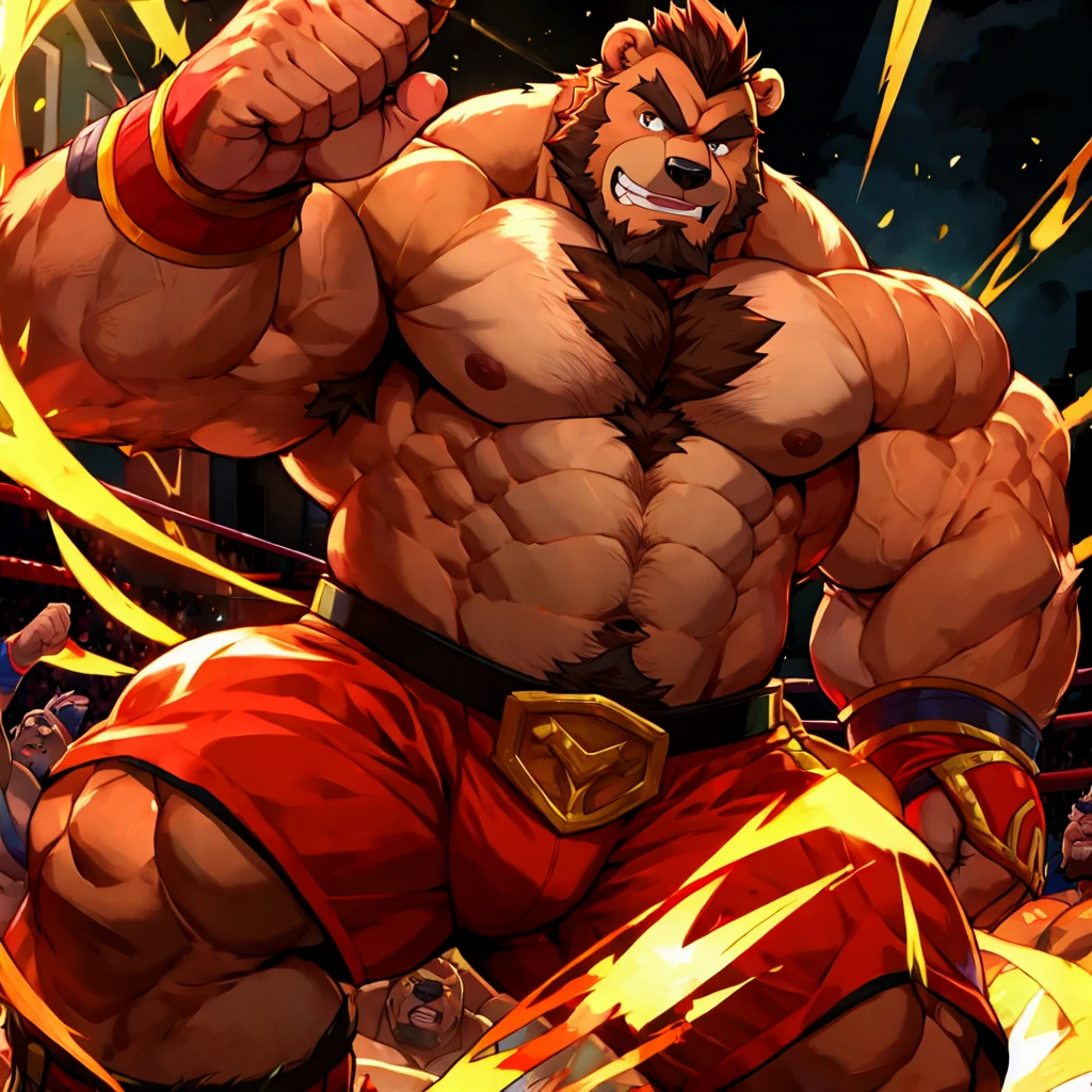 zangief,a bear with a beard and a golden belt, fighting game character, street fighter 5,muscled humanoid bear,heavy looking,buff bear,wrestler,Red short briefs,capcom,street fighter,shirtless,muscular male,chest hair,visually weighty,bearded bear, brown fur,mohawk hair,red and yellow wristband,red competitive briefs with the golden belt, Red Wrestling Boots ((best quality)), ((masterpiece)), (detailed), perfect face