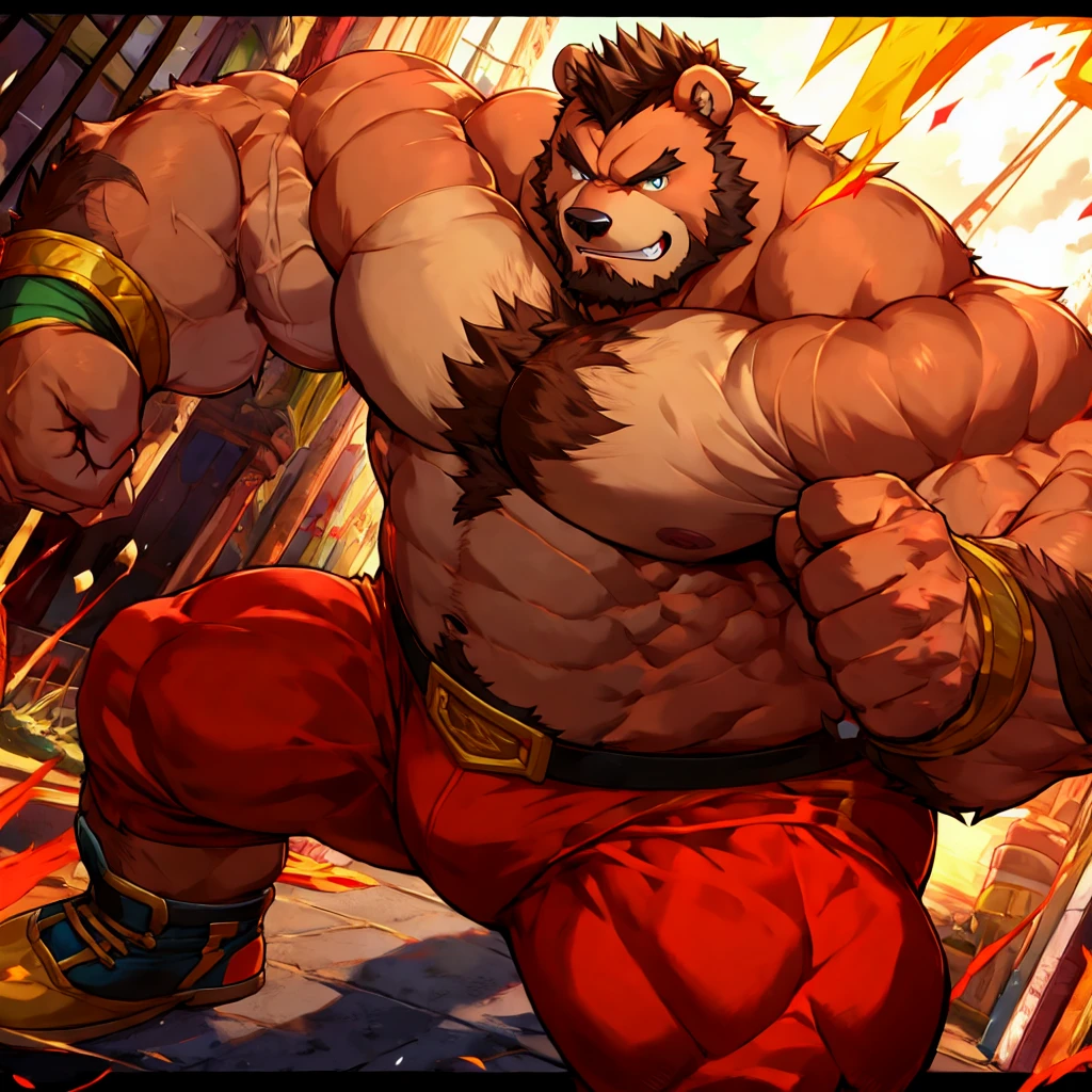 zangief,a bear with a beard and a golden belt, fighting game character, street fighter 5,muscled humanoid bear,heavy looking,buff bear,wrestler,Red short briefs,capcom,street fighter,shirtless,muscular male,chest hair,visually weighty,bearded bear, brown fur,mohawk hair,red and yellow wristband,red competitive briefs with the golden belt, Red Wrestling Boots ((best quality)), ((masterpiece)), (detailed), perfect face