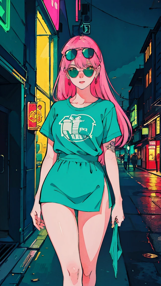 a beatiful  woman pink long straight hair, with tattoos, wearing a Blue Jersey and red sunglasses, a city behind her, in the style of neon realism, charming characters, action, gadgetpunk, solapunk, colorful street scenes, crimson and amber, NeonNoir, soft lighting, night, nighttime, realistic, red lighting, green lighting, hard shadow, masterpiece, best quality, Intricate, modelshoot style, vintage, film grain, Incomplete details