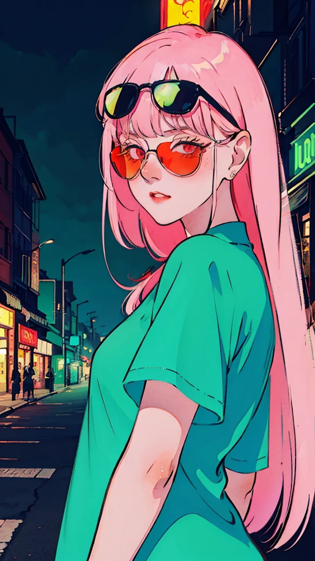 a beatiful woman pink long straight hair, with tattoos, wearing a Blue Jersey and red sunglasses, a city behind her, in the style of neon realism, charming characters, action, gadgetpunk, solapunk, colorful street scenes, crimson and amber, NeonNoir, soft lighting, night, nighttime, realistic, red lighting, green lighting, hard shadow, masterpiece, best quality, Intricate, modelshoot style, vintage, film grain, Incomplete details