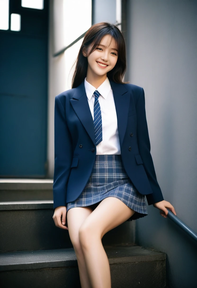 8K, Ultra-high resolution, Highest quality, masterpiece, 三分割法によるphotograph,Surreal, photograph, 1 Girl, (16 years old:1.3), pretty girl, Cute face, Beautiful eyes in every detail, 細かくdetailedに,masterpiece,, One Girl:1.2, Japan Female Announcer,full body,from below,from behind,((very small head:1.3)),Center-parted bangs,amount,Black Hair,Long Hair,Iris,Gorgeous eyes,smile,((Toned body,Slender body,skinny)),(school uniform、Dark blue blazer jacket、Navy blue tie、Grey plaid pleated mini skirt,Loafers),振り返ってsmile,Glowing Skin,Shiny skin,Climbing the stairs,Fire escape in a building,Beautiful leg line beauty,Captivating thighs,Full of sex appeal,Sensual,屈託のないsmile,Heal the heart,Low ponytail、beauty,Long neck、Laugh a little、Please close your mouth and laugh、(((Ideal body type))),A cup small breasts :2,、Portraiture:2、Perfect Anatomy、鮮明なdetailed、detailed、Surreal、Light and shadow,Strong light
