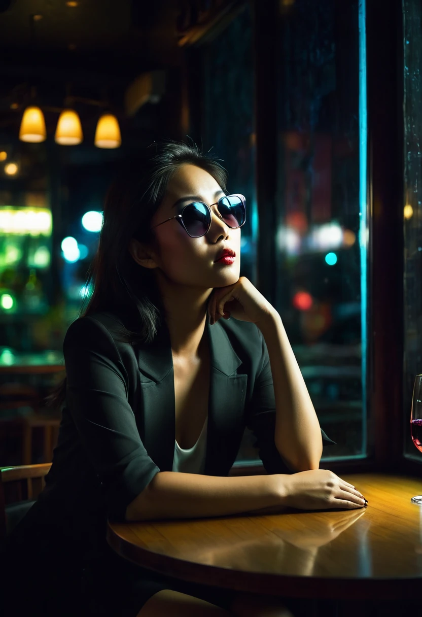 Depressed Asian woman sitting in a dim cafe at night, A glass of wine on the table,Lost in thought, From the window you can see, Perfect profile, sunglasses, neon black, (Backlight: 1.1), Hard Shadows, artwork, best quality, complicated, Model shooting style, High quality, Film Grain, Incomplete details.

