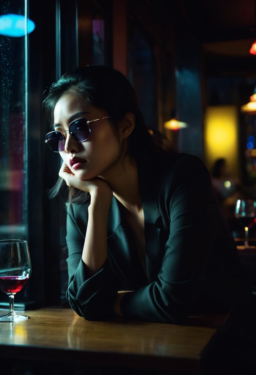 Depressed Asian woman sitting in a dim cafe at night, A glass of wine on the table,Lost in thought, From the window you can see, Perfect profile, sunglasses, neon black, (Backlight: 1.1), Hard Shadows, artwork, best quality, complicated, Model shooting style, High quality, Film Grain, Incomplete details.

