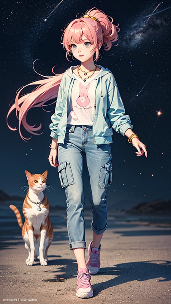 ((Holding a cute orange bantam cat)),((Highest quality,masterpiece,Full frontal view of a blue-gray mature beauty with super long high ponytail and straight hair,Air bangs,Slightly curly hair on double sideburns,Hair ends curled in,Gray and pink short T-shirt,Light blue denim gray hooded jacket,Black and gray cargo pants,Pink and white sneakers)),Simple, small and exquisite round necklace,Little star earrings,Wearing a very thin gold bracelet on the right hand,starry sky galaxy background