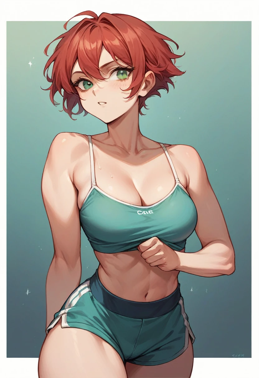 Woman 20 Years Old Nordic Ethnicity, Short red hair with perfect face and light freckles., Blue-green eyes in spaghetti strap bra and sexy tight gym shorts
