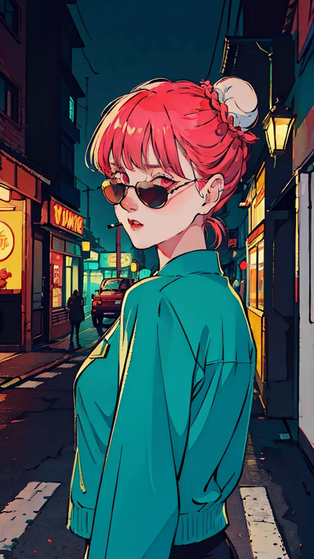 a beatiful woman blue twin bun hair, having no hair on her back head, with tattoos, smoking a white tailor made cigarette and wearing a leather jacket and red sunglasses, a city behind her, in the style of neon realism, charming characters, action, gadgetpunk, solapunk, colorful street scenes, crimson and amber, NeonNoir, soft lighting, night, nighttime, realistic, red lighting, green lighting, hard shadow, masterpiece, best quality, Intricate, modelshoot style, vintage, film grain, Incomplete details