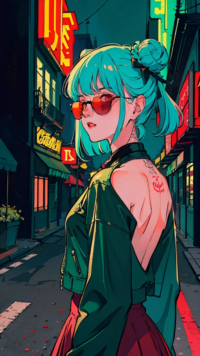 a beatiful  woman blue twin bun hair, having no hair on her back head, with tattoos, smoking a white tailor made cigarette and wearing a leather jacket and red sunglasses, a city behind her, in the style of neon realism, charming characters, action, gadgetpunk, solapunk, colorful street scenes, crimson and amber, NeonNoir, soft lighting, night, nighttime, realistic, red lighting, green lighting, hard shadow, masterpiece, best quality, Intricate, modelshoot style, vintage, film grain, Incomplete details