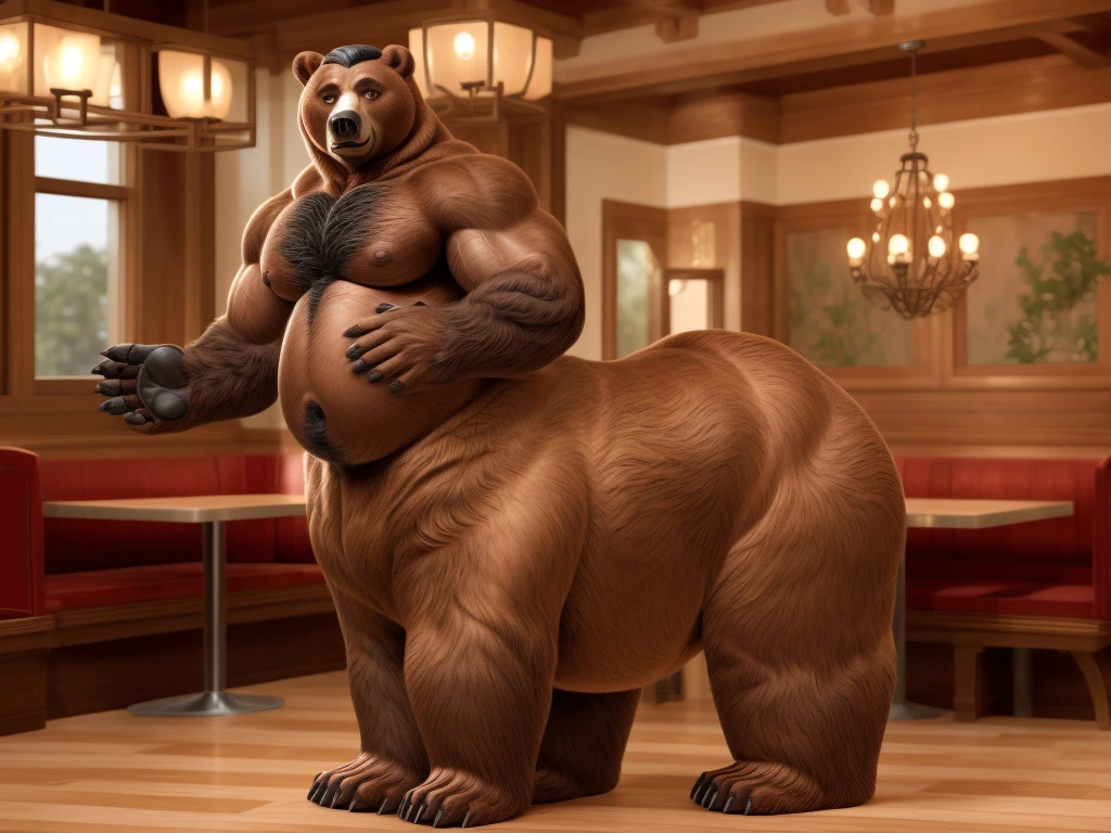 furry, fur taur, beartaur, middle-age, solo, detailed face, bear ears, bear eyes(brown), bear nose(black), bear mouth, garibaldi beard(grey), mature hair(grey), detailed arms, thick arms, muscular, thick hands(5 fingers), detailed body belly, thick body, muscle belly(white), thick chest, chest hair(grey), detailed taur body, thick taur body, thick bear paws, thick bear tail, full body shot, standing on the restaurant