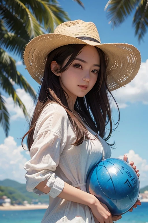 ( highest quality、8K、background、realistic:1.3 )、 One woman、( Blue sky beach )、( very high quality recognition : 1.2)、nature bright sunlight、blue sky、smile : 1、brown hair、hair blowing in the wind、beautiful woman with perfect figure: 1.4、Highly detailed face and skin texture、detailed eyes、double eyelid、very far away : 1.2 、whole body : 1.2、angle from below。The sun is shining on my face。side view。Wearing a ten-gallon hat。