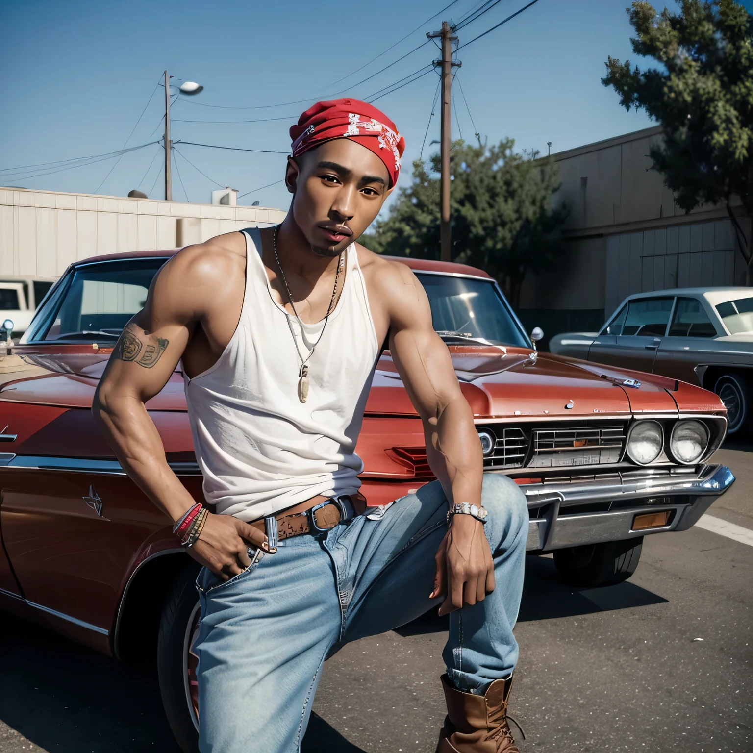 Tupac Shakur with brown boots, Wide Jeans, white tank top and red bandana on his head posing for a photo next to his 1964 impala on the streets of los angeles