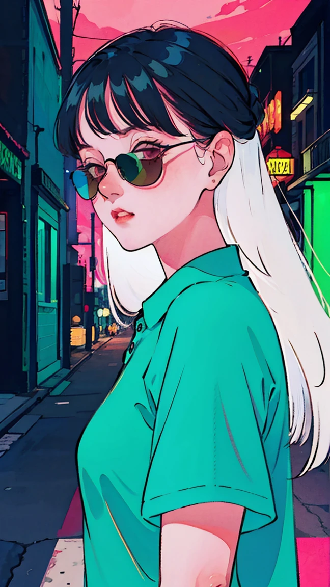 a beatiful woman pink long straight hair, with tattoos, wearing a Blue Jersey and red sunglasses, a city behind her, in the style of neon realism, charming characters, action, gadgetpunk, solapunk, colorful street scenes, crimson and amber, NeonNoir, soft lighting, night, nighttime, realistic, red lighting, green lighting, hard shadow, masterpiece, best quality, Intricate, modelshoot style, vintage, film grain, Incomplete details