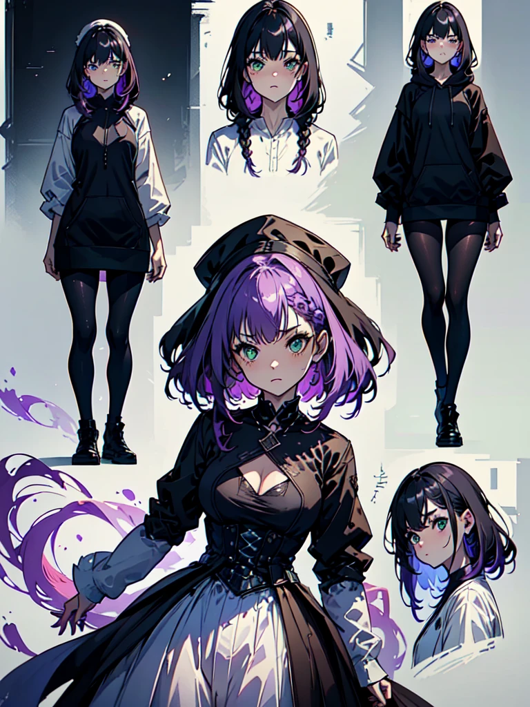 Wearing a maid outfit and a dark, desolate landscape in the background, Horror movie atmosphere. Her figure is extremely beautiful, Emphasizing the dark and crazy elements. Skillfully expressing the effects of light and shadow, detailed, The face and expression of the black costume are also carefully drawn..., Artistic elements add depth to the work. The overall atmosphere is creepy and nightmarish..., With a unique artistic touch. This movie is、The dark and crazy world of horror movies depicted in HD., Evoke visual stimuli and aesthetic sense, It will terrify and excite the audience....,sketch (Character design sheet, same characters, whole body, Three-View, front, ~ ~ ~ side, return) and watercolor画, （Gradient braided hair, (Ink blotches:1.1), (pale:1.2),(Light purple:1.2),(Light green:1.2)　and a mature face,tall, Wearing black tights,Green Eyes, The skin is hidden　and 1 female, Nervous,Cowboy Shot,,(Very bright:1.1), White Background, [1 Girl:7], (Tilt your head:1.2), ([sketch|watercolor \(Moderate\)]:1.15),Chaotic Abstract Background, Vector Trace, Gradient Blending, Bright colors, that&#39;wonderful, 非常にdetailed, Complex, (Very low contrast:1.4)
