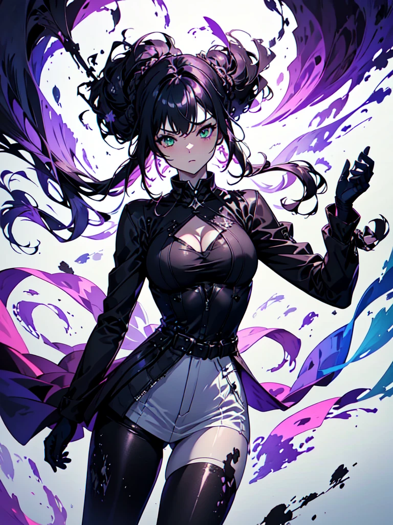 Wearing a maid outfit and a dark, desolate landscape in the background, Horror movie atmosphere. Her figure is extremely beautiful, Emphasizing the dark and crazy elements. Skillfully expressing the effects of light and shadow, detailed, The face and expression of the black costume are also carefully drawn..., Artistic elements add depth to the work. The overall atmosphere is creepy and nightmarish..., With a unique artistic touch. This movie is、The dark and crazy world of horror movies depicted in HD., Evoke visual stimuli and aesthetic sense, It will terrify and excite the audience....,sketch (Character design sheet, same characters, whole body, Three-View, front, ~ ~ ~ side, return) and watercolor画, （Gradient braided hair, (Ink blotches:1.1), (pale:1.2),(Light purple:1.2),(Light green:1.2)　and a mature face,tall, Wearing black tights,Green Eyes, The skin is hidden　and 1 female, Nervous,Cowboy Shot,,(Very bright:1.1), White Background, [1 Girl:7], (Tilt your head:1.2), ([sketch|watercolor \(Moderate\)]:1.15),Chaotic Abstract Background, Vector Trace, Gradient Blending, Bright colors, that&#39;wonderful, 非常にdetailed, Complex, (Very low contrast:1.4)
