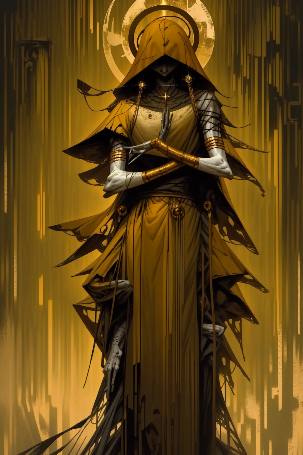 a tall menacing figure, wide shoulders, frail body, gaunt, body is withering/decaying, covered head to toe in a tattered yellow cloak, yellow cloak covering whole body except forearms, tattered yellow hood over the head, scrappy yellow veil hanging over entire face, face completely (concealed), can't see face, old yellow stained bandage wraps loosely cover arms, many golden bangles loosely hanging off both forearms, covered in golden jewelry, old decrepit hands, hands hovering just over the naval, hands are steepling together, a giant golden sunset behind them, decaying entity