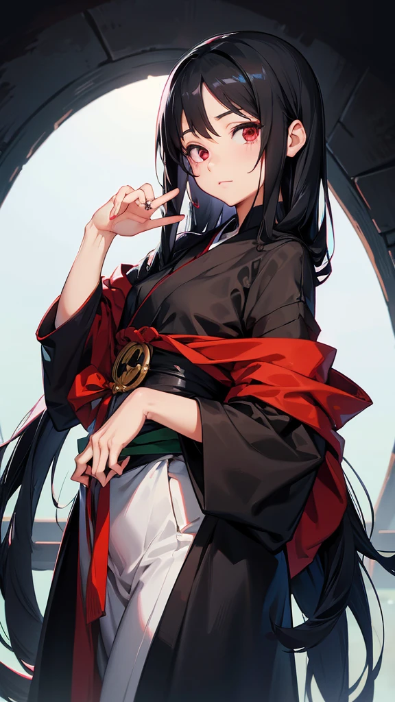 Girl, long black hair, Itachi&#39;s female appearance, black and red robes, sharingan eyes, background in konoha