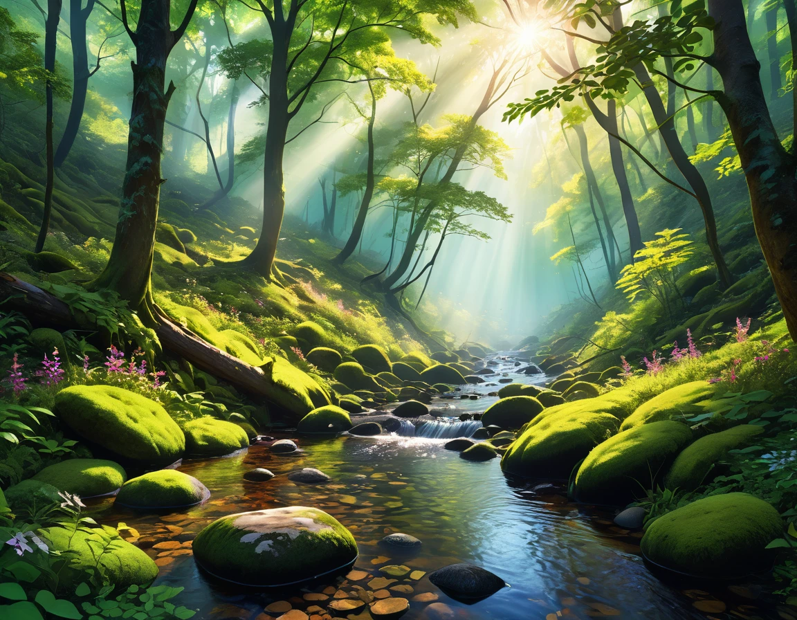 An ultra-photorealistic image of a small stream running through a dense forest bathed in the soft glow of sunlight filtering through the canopy. The image should capture the play of light and shadow on the foliage and forest floor, with wildflowers, mosses and bare rocks amidst the undergrowth. The lush forest should be teeming with life, the air filled with the sounds of rustling leaves and birdsong. Use a high-resolution 8k camera, a raw style, vibrant colors, particles, cinematic light and fantasy aesthetics, high contrast, high saturation, hdr