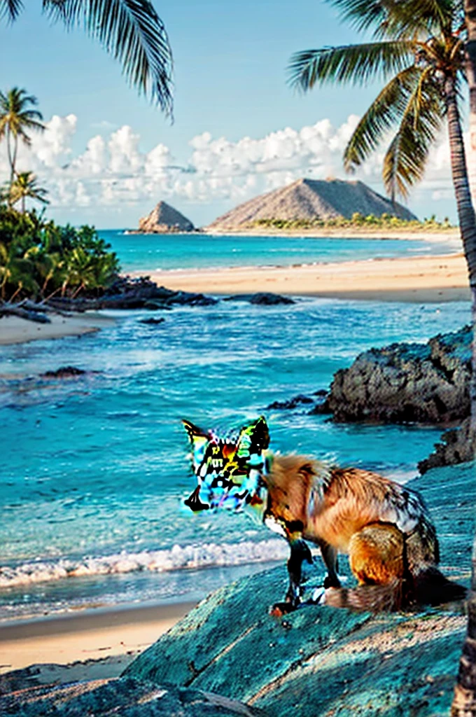 A lone red fox sitting on the sandy beach of a deserted tropical island. Palm trees and rocks surround it, with turquoise sea and clear sky in the background. The fox gazes into the distance at the horizon where the sun is setting. Realistic style, warm tones, atmosphere of adventure and solitude.
