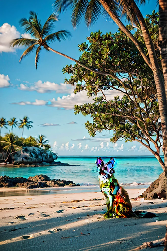 A lone red fox sitting on the sandy beach of a deserted tropical island. Palm trees and rocks surround it, with turquoise sea and clear sky in the background. The fox gazes into the distance at the horizon where the sun is setting. Realistic style, warm tones, atmosphere of adventure and solitude.
