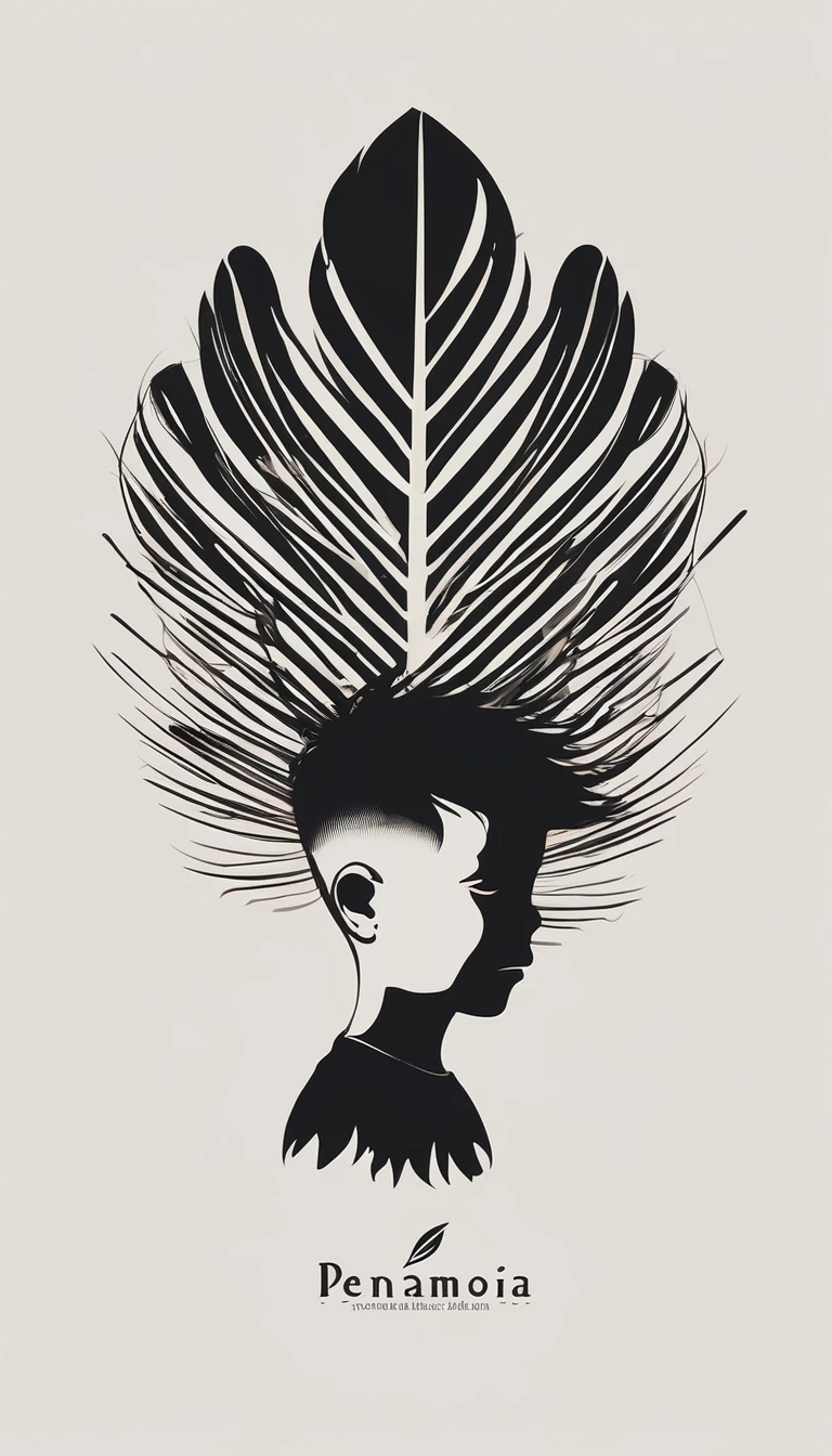 A minimalist, fantastic, poetic, dreamy, captivating, memorable, masterpiece, modern, simple logo design of a boy and a feather for the brand “Penamemoria". The logo must convey a sense of music, stories and dreams. Minimalistic logo design of a boy and a feather.